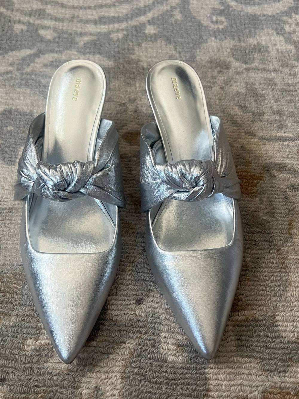Metallic Silver Knot-Detail Pointed Toe Mules (New Without Tags)